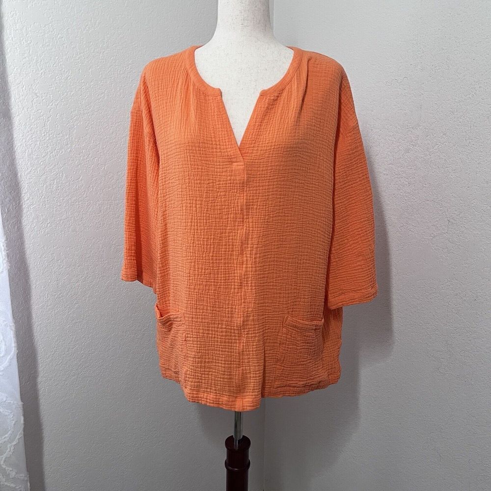 Soft Surroundings Waffle Knit Top Orange Women Size XL Casual Lagenlook Colorful